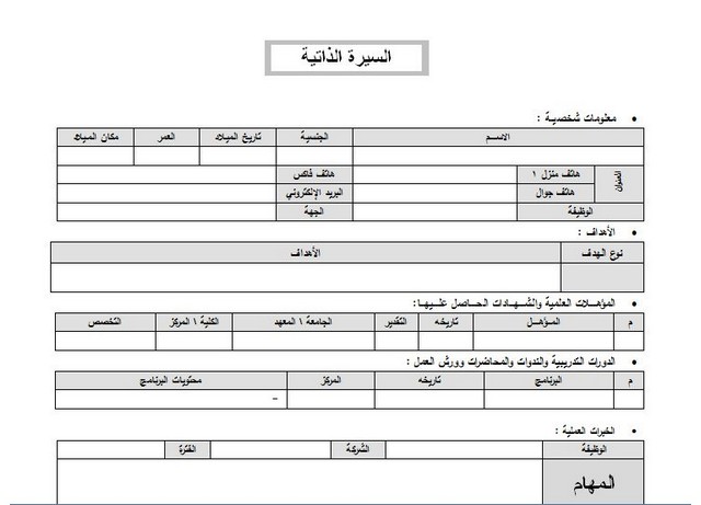 نموذج سيرة ذاتية بالعربية